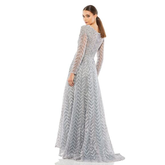 Mac Duggal Gown Embellished Illusion Long Sleeve Wrap Platinum Size 4 NWT 20189 - Picture 2 of 10